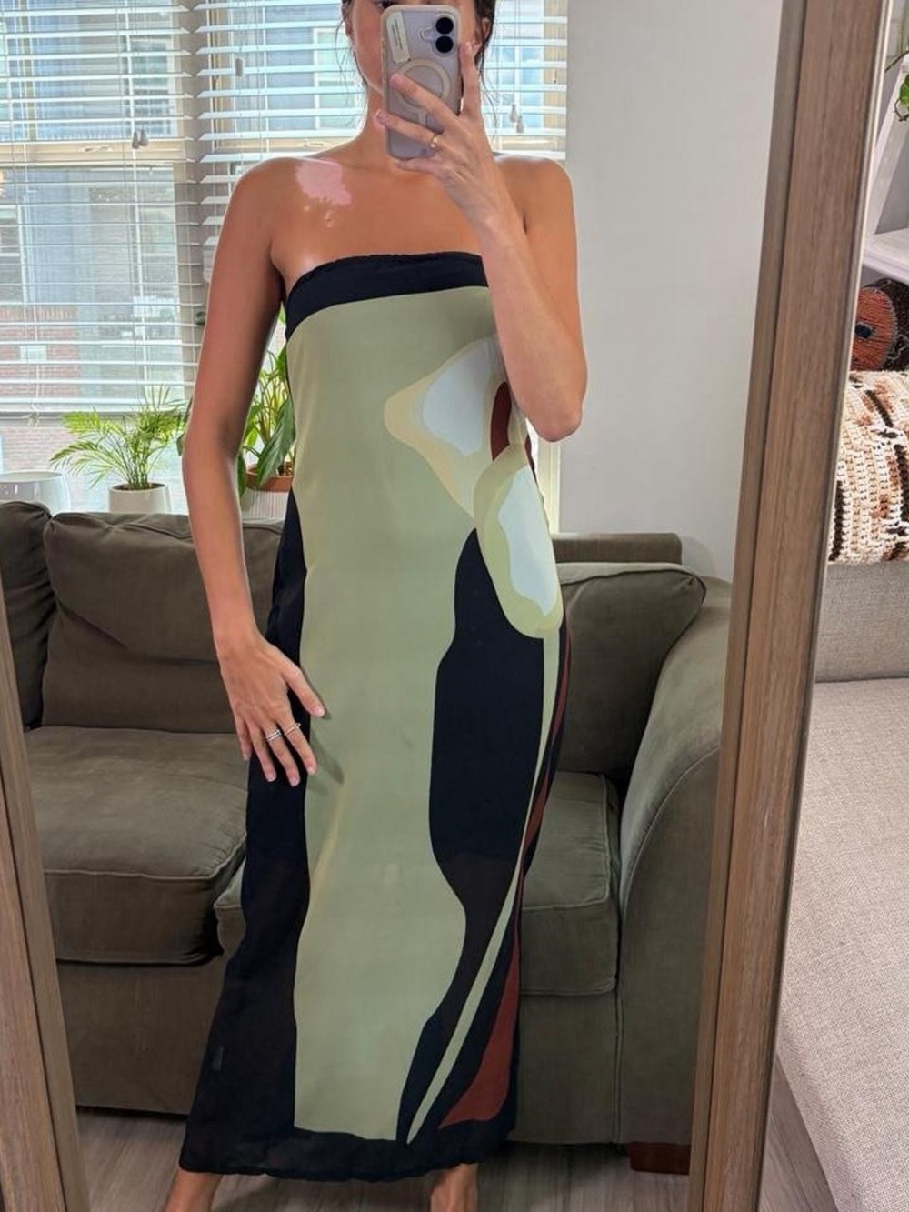 Strapless Maxi Dress in Olive Green Abstract Print - Picture 2 of 7